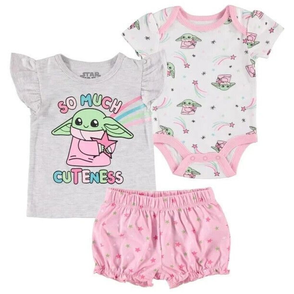 Star Wars Girls 3-Piece Set with T-Shirt & Shorts Yoda Bod Pink Multi SIZE 0-3m
